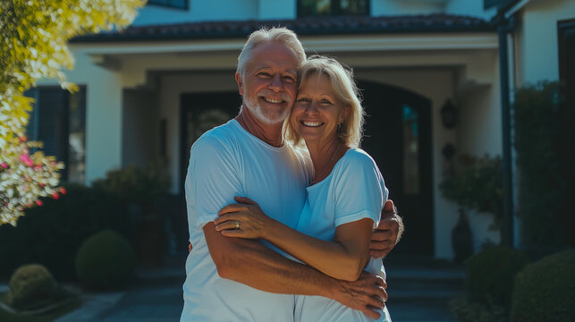 Happy senior couple hugging in front of house