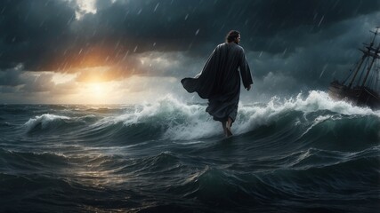 Obraz premium Mystical figure walking on stormy seas towards ship