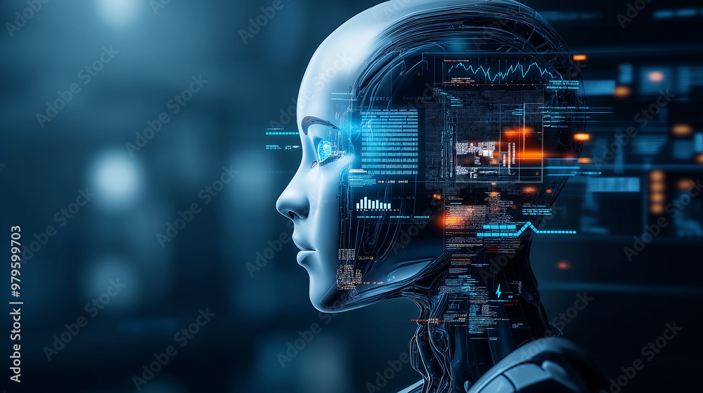 Poster Ai humanoid robot analyzing information data using artificial intelligence thinking