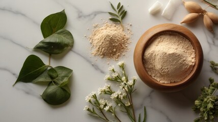 Natural flat lay with wooden bowl and beige powder