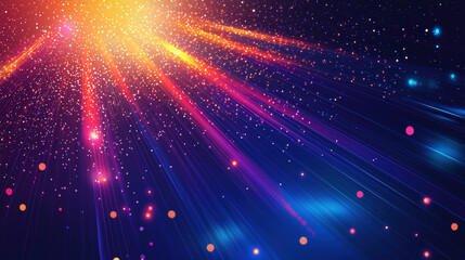 Fototapeta premium Vibrant light rays burst through cosmic backdrop, creating mesmerizing display of colors and sparkles. This image captures essence of an expanding universe filled with energy and wonder