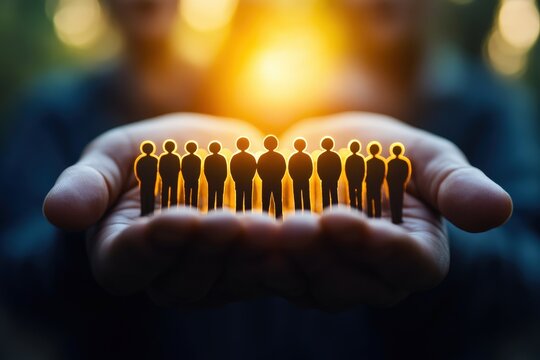 Protecting Our Future: A pair of hands, cupped together, cradle a row of tiny figures, symbolizing protection, unity, and the safeguarding of human potential. The figures stand strong, bathed in golde
