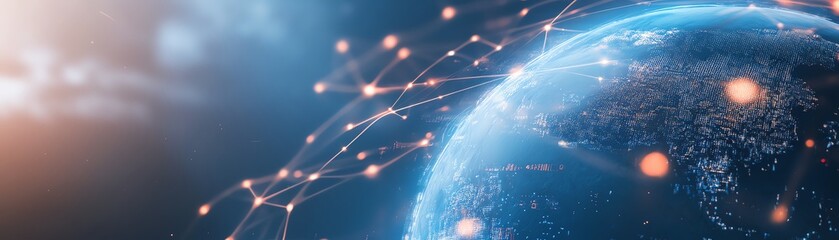 Abstract digital connections around the globe, representing global network and communication technology with futuristic elements.