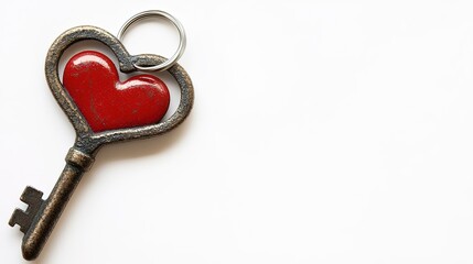 Heart-shaped key on a white background, symbolizing love and romance, ideal for themes related to relationships, affection, and symbolic imagery.

