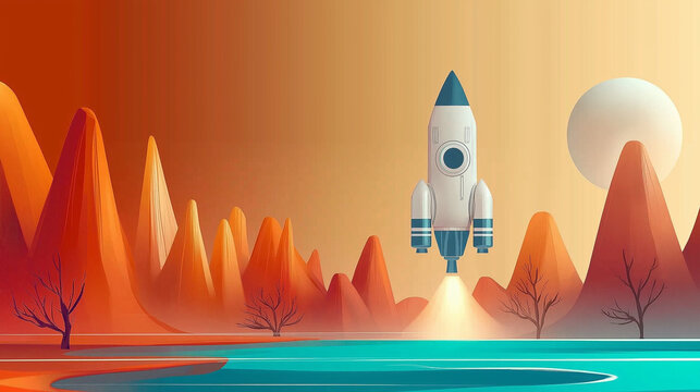 Spaceship taking off from alien planet with lake and mountains