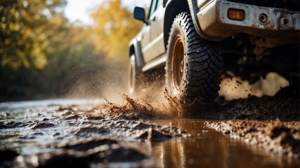 Off-road vehicle kicking up mud in rugged terrain