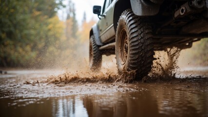 Fototapeta premium Off-road vehicle tires kicking up mud and water