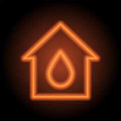 Water drop, house simple icon vector. Flat design. Orange neon on black background
