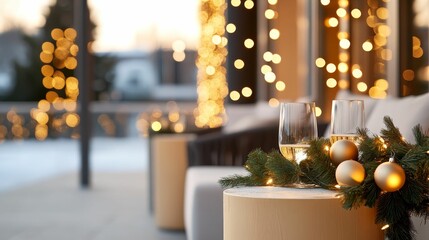 Outdoor holiday venue under twinkling lights, decorated with festive garlands and cozy seating areas, winter evening ambiance