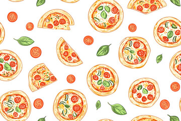 Pizza backdrop. Back line pizza pattern on white background.