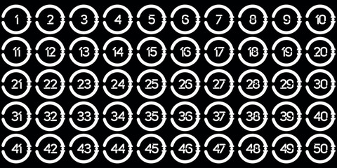 Numbers, 1 to 50 black white circles angled triangle pieces