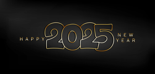 Striking gold text Happy New Year 2025 displayed on a black background, representing a joyful New Year greeting