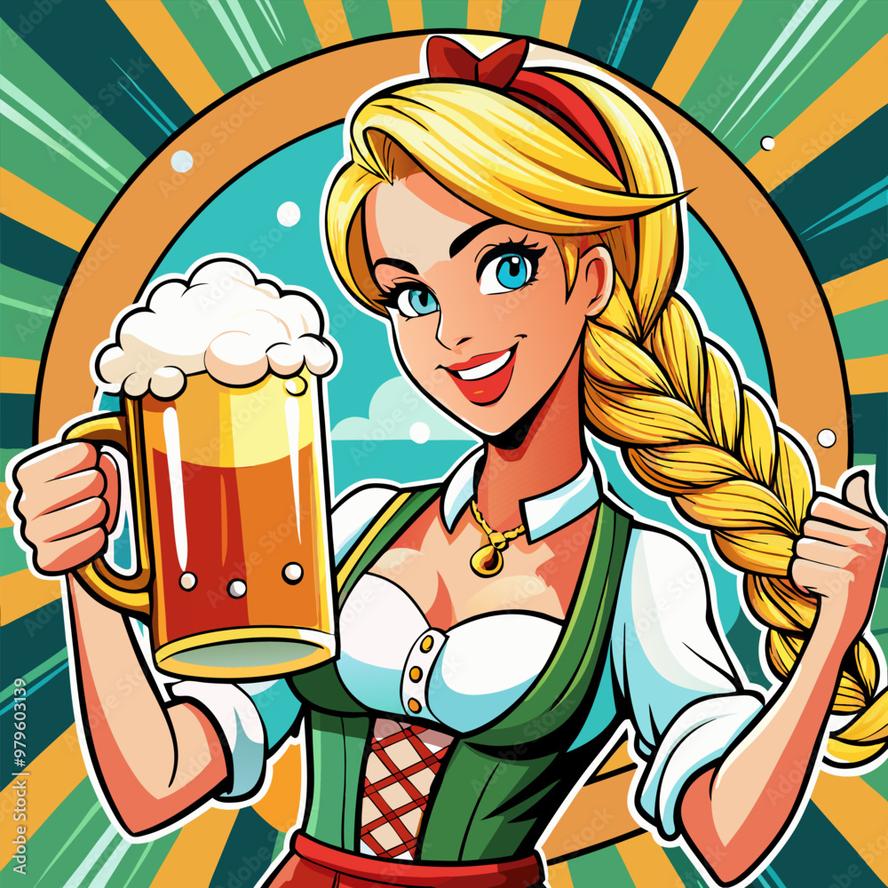 Wall mural Germany Girl waitress carries beer glass. Oktoberfest celebration. Vector illustration in pop art retro comic style.