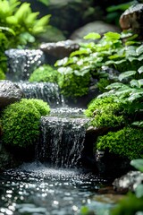 Natural scene concept for cosmetics product presentation featuring a small waterfall with moss growing on the rocks, blank space to place a mockup. Generative AI