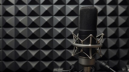 Professional condenser microphone in soundproof studio setup