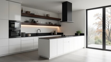 Generative AI, a kitchen with a large window and a stove top oven and a sink and a counter top with a bowl on it, clean lines, a 3D render, postminimalism
