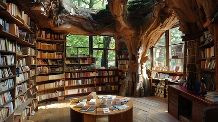 Naklejka premium A beautiful and airy bookshop situated in a hollowed out ancient wood