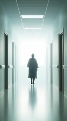 Person trapped in a nightmarish hospital with endless hallways, pandemic, fear,