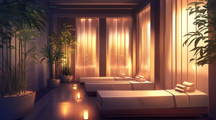 A soothing setup of a spa or wellness center designed for relaxation and sleep therapy with ambient lighting and tranquil decor. Ambient Lighting. Illustration