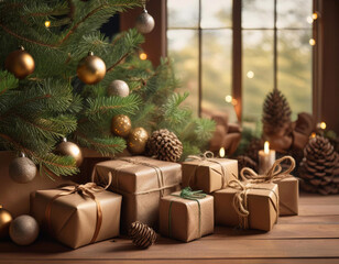 Christmas tree and gift box with decorations in cozy house.