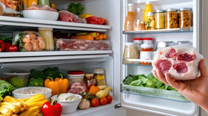 A hand grips a frozen meat package beside an open refrigerator showcasing a variety of fresh produce and meats, ready for delicious meals and cooking adventures