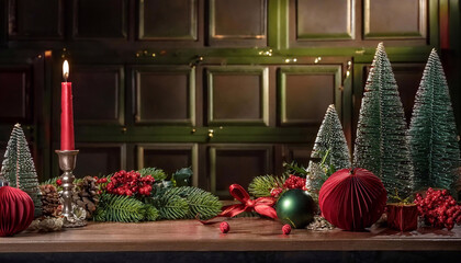Christmas backdrop with festive decorations featuring a red and green theme.