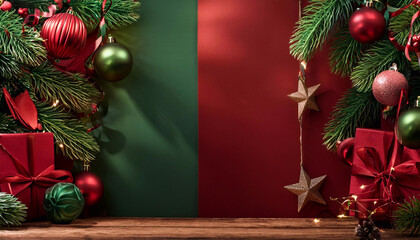 Christmas backdrop decorated by Christmas ornaments and gift box.