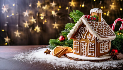 A gingerbread house on wooden table and background decoration by light bulb.