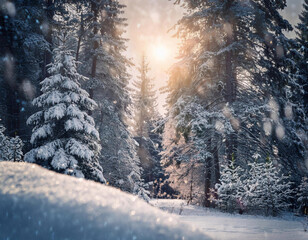 Snowy forest Christmas backdrop with festive decorations, capturing the magic of a winter wonderland.