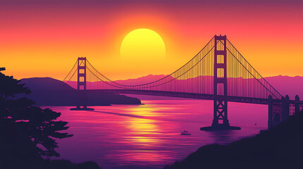 Obraz premium A stylized sunset illuminates a silhouette of san francisco with the iconic golden gate bridge. generative ai. Silhouette. Illustration