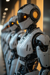 Fototapeta premium A row of humanoid robots in various stages of assembly or repair, showcasing advanced robotics technology and automation