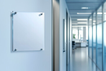 Empty glass nameplate mounted on a light blue wall in a modern office corridor with glass partitions and blurred background. Concept of corporate signage, office navigation, or blank sign template