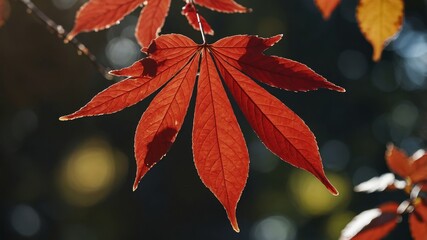 Red leaf resting in warm autumn sunshine