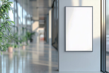 Modern office corridor with blank vertical frame on the wall, potted plants, and large windows allowing natural light. Concept of professional workspace design, blank poster mockup