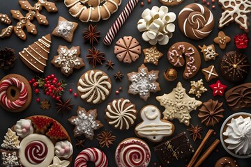 Christmas cookies, decorated with icing and decorations, arranged in an artistic pattern on the table