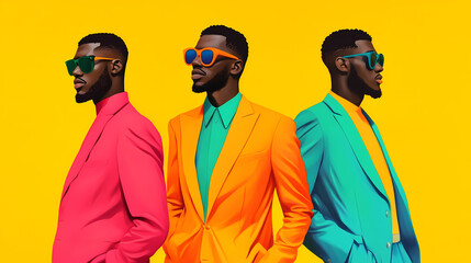 A trio of stylish fashion men in brightly colored suits with coordinating sunglasses stand before a yellow background. Cool Colors. Illustration