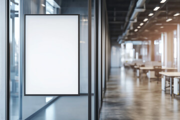 Blank vertical sign or frame mounted on a glass wall in a modern open office interior with blurred workspace in the background. Concept of office signage, corporate branding, or blank mockup for desig