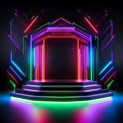 Futuristic Stage with Neon Ring and Vibrant Light Bars