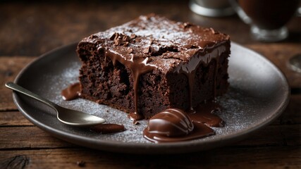 Rich chocolate brownie cake on wooden table