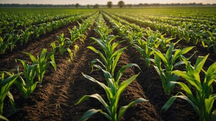 Rows of young corn plants growing in a field