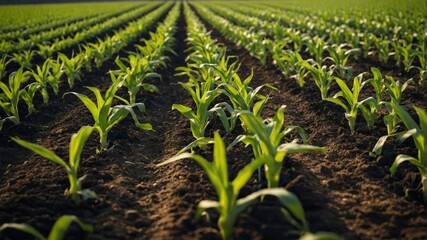 Naklejka premium Rows of young corn plants growing in a field
