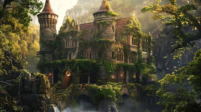 A beautiful fantasy castle covered by greenery on its walls in a magical forest