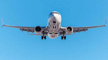 Naklejka premium Front view of a commercial airplane in flight against a clear blue sky, showcasing its undercarriage, landing gear, engines, and wings with blended winglets.