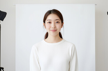 A 25-year-old Japanese woman standing in front of a plain backdrop in a photography studio