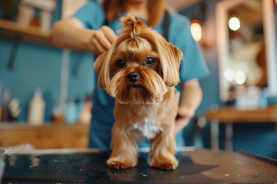 Groomer giving a shisu dog a haircut