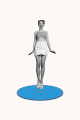 Vertical photo collage of happy girl jump target darts development aim achievement success progress isolated on painted background