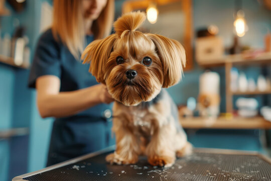 Groomer giving a shisu dog a haircut