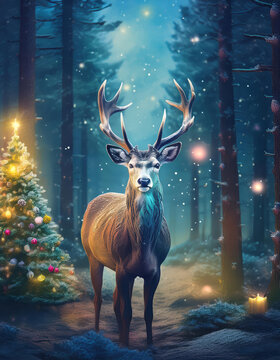 ciervo en el bosque nevando con &aacute;rbol de navidad al lado