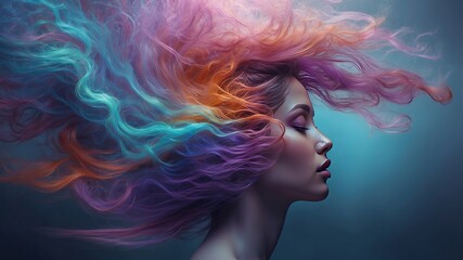 Serene face with ethereal cool tones and flowing hair