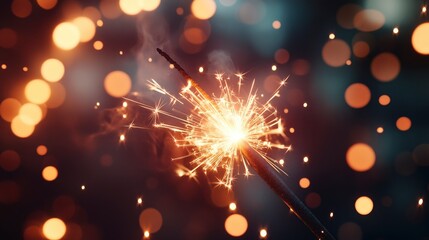 Fototapeta premium Close-up Of Sparkler With Bokeh And Smoke On American Flag Background - Independence Day Celebration Concept. 3d rendering with generative ai